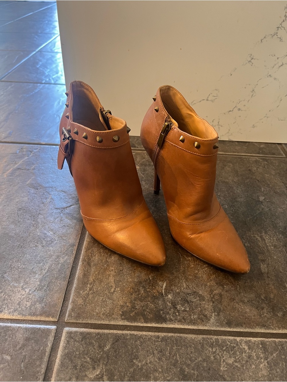 Enzo Angiolini Tan Studded Pointed-Toe Ankle Booties